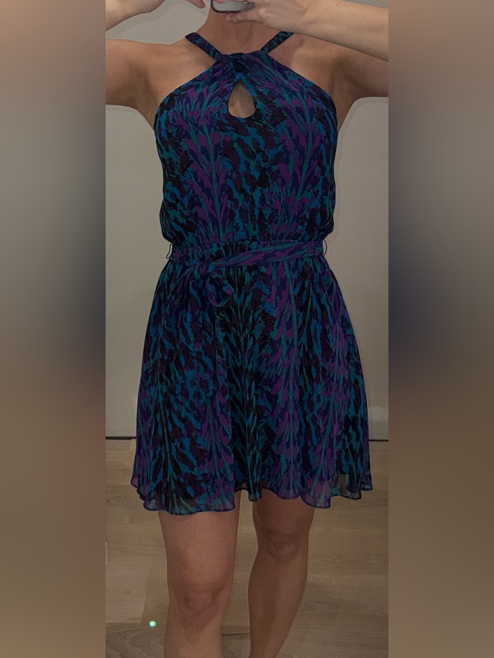Express XS Sleeveless A-Line Halter Dress in Blue & Purple with Buttons